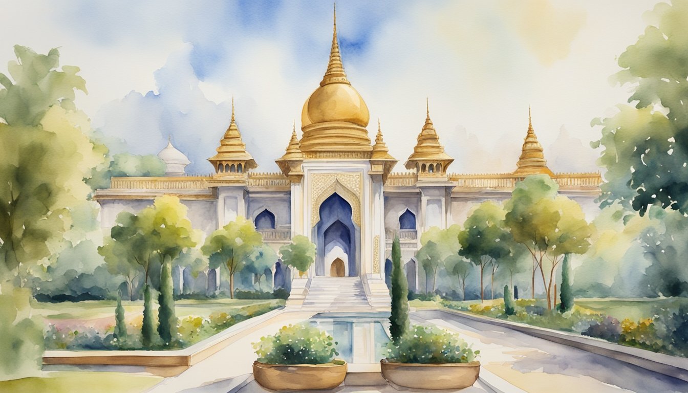 A grand palace with towering spires and intricate archways, surrounded by lush gardens and flowing fountains.</p><p>The Kohinoor diamond glimmers atop a golden pedestal in the center of the majestic courtyard