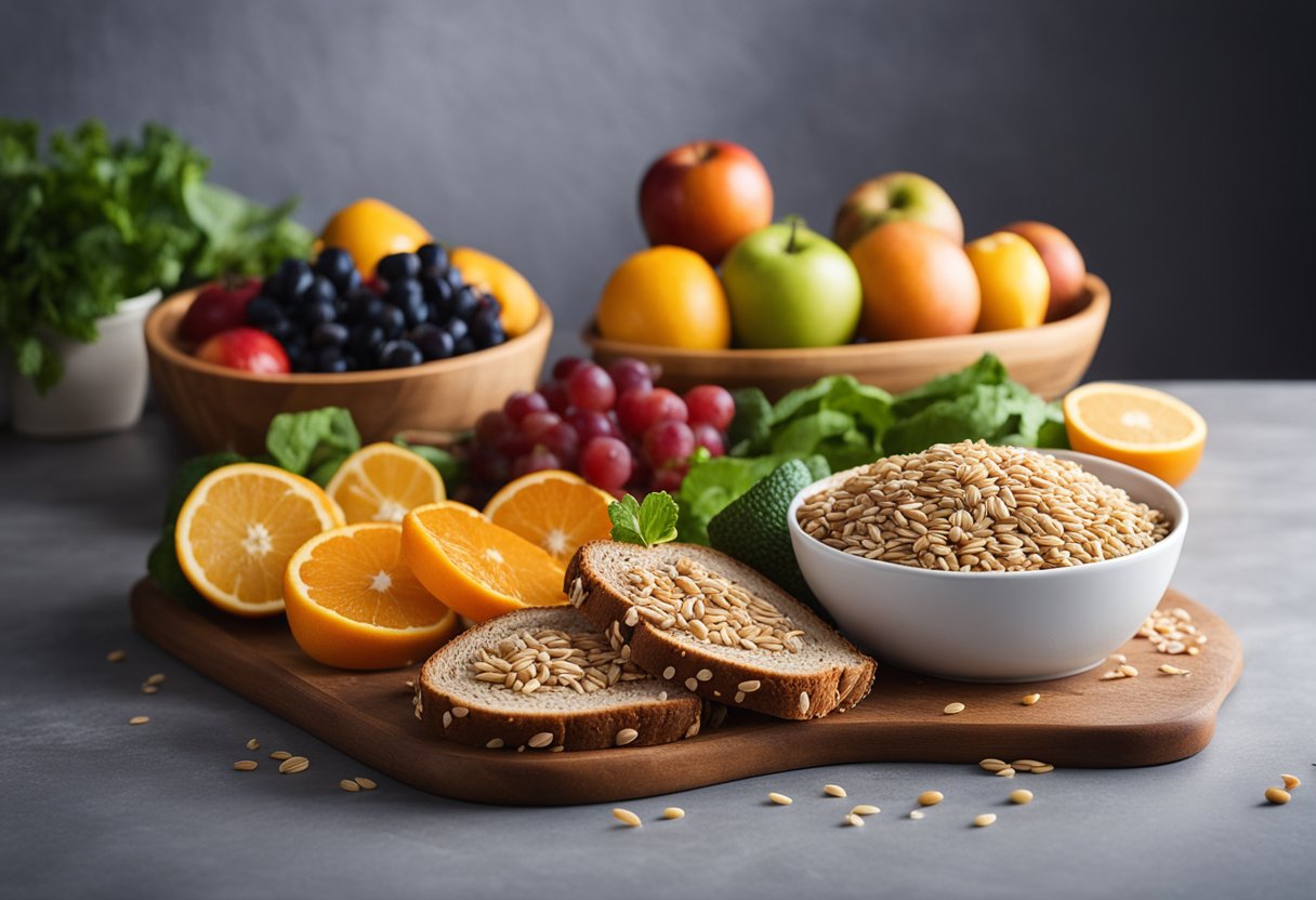 Fiber That Makes You Feel Full: A bowl of colorful fruits, vegetables, and whole grains, with a slice of whole wheat bread and a glass of water on the side