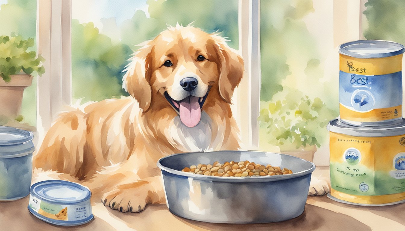 A happy dog with shiny, healthy fur eating from a bowl of high-quality dog food labeled "best for skin and coat."