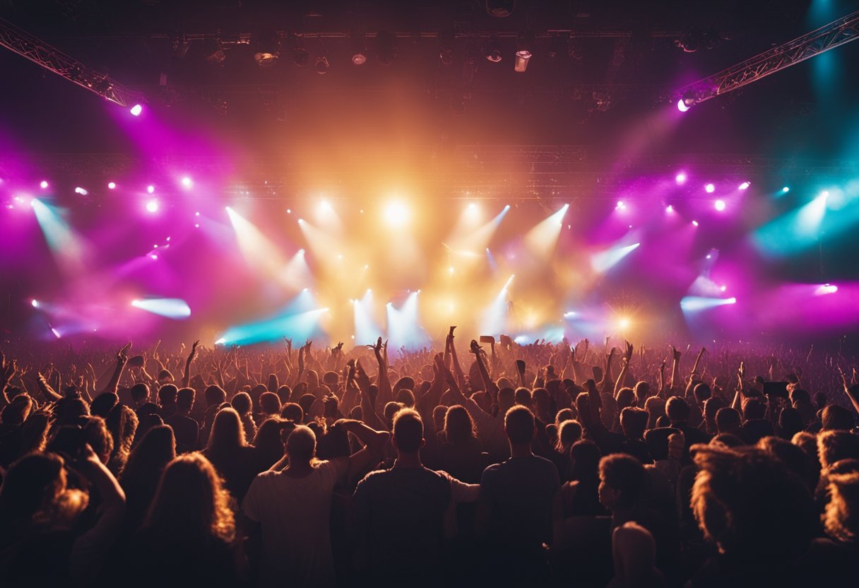 A crowd of people fills a concert venue, colorful stage lights illuminate the space, and music fills the air
