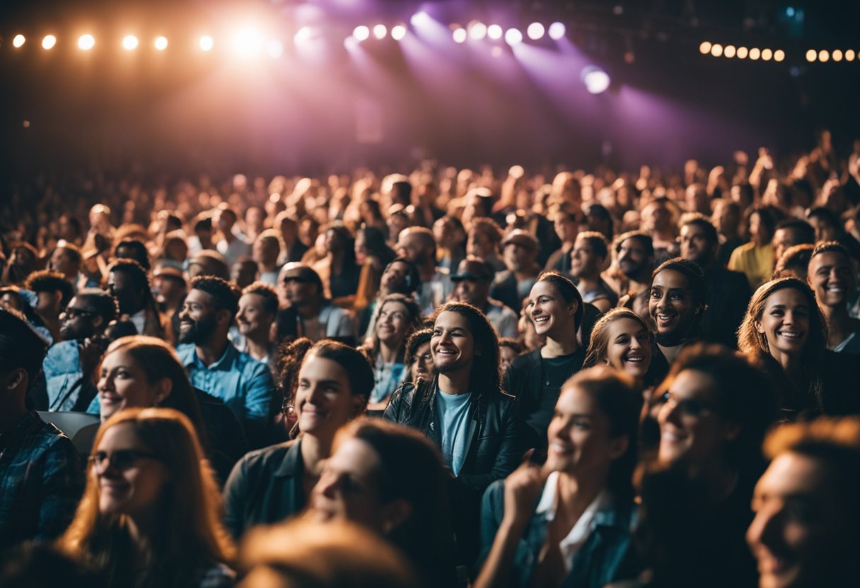 Audience members gather in a vibrant concert venue, each person representing a different music genre. The atmosphere is filled with excitement and anticipation, showcasing the diverse role of music genres in concert-going