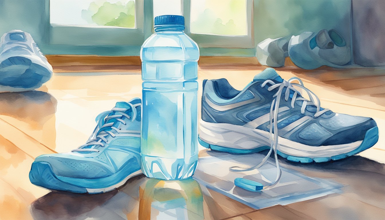 A clear bottle of water with electrolytes sits next to a pair of running shoes on a gym floor