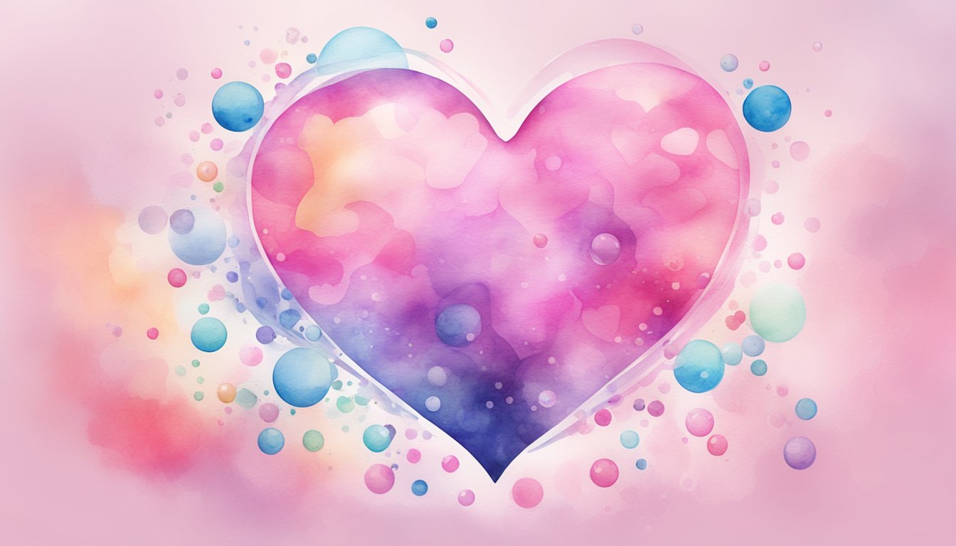 A heart-shaped lab flask bubbles with pink liquid, surrounded by swirling molecules and DNA strands, symbolizing the science of love