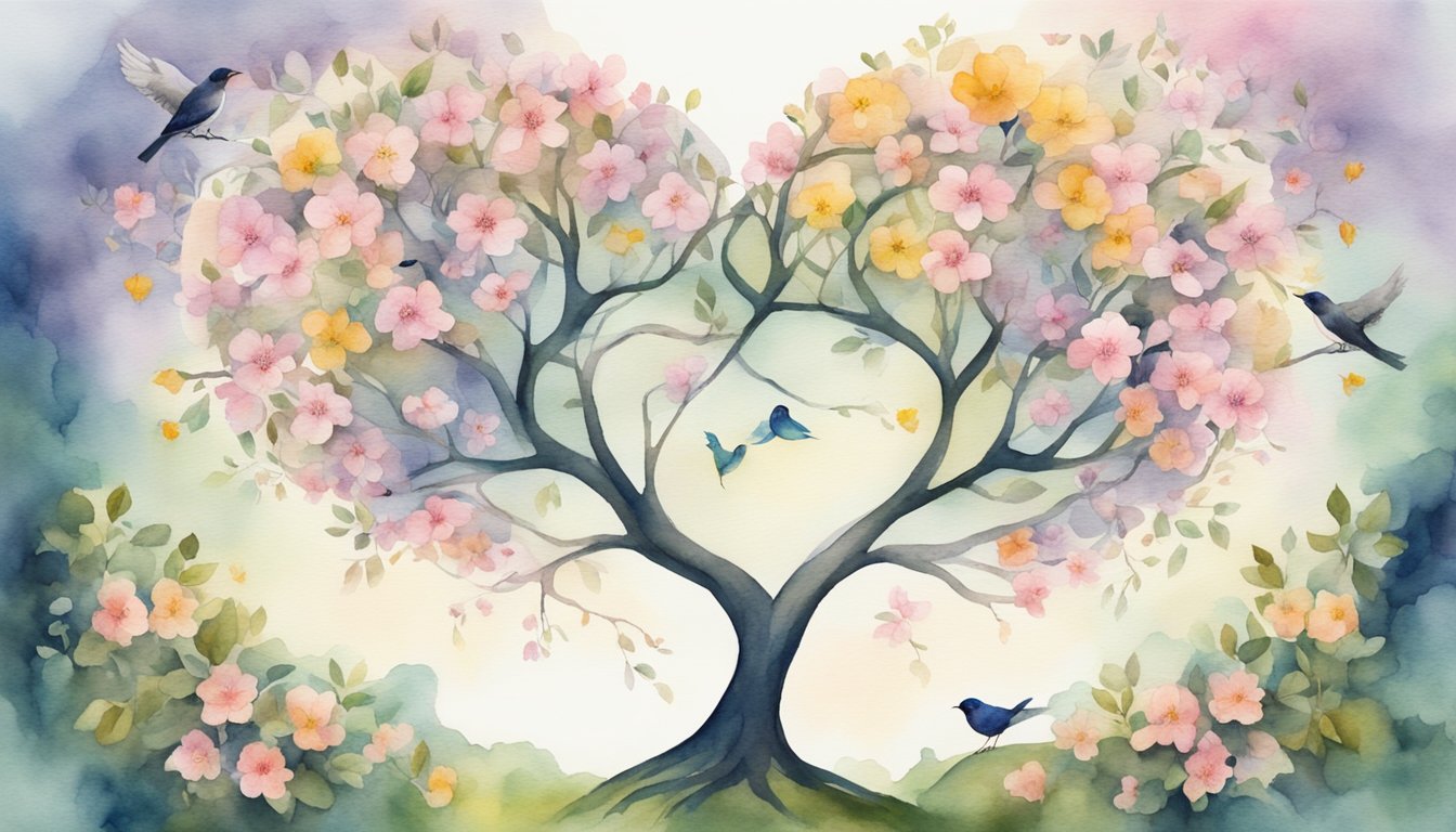 Two intertwined trees with branches forming a heart shape, surrounded by blooming flowers and birds singing in harmony