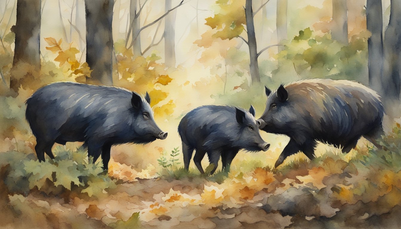 A group of wild hogs roam through a lush forest, snuffling and rooting for food among the fallen leaves and underbrush