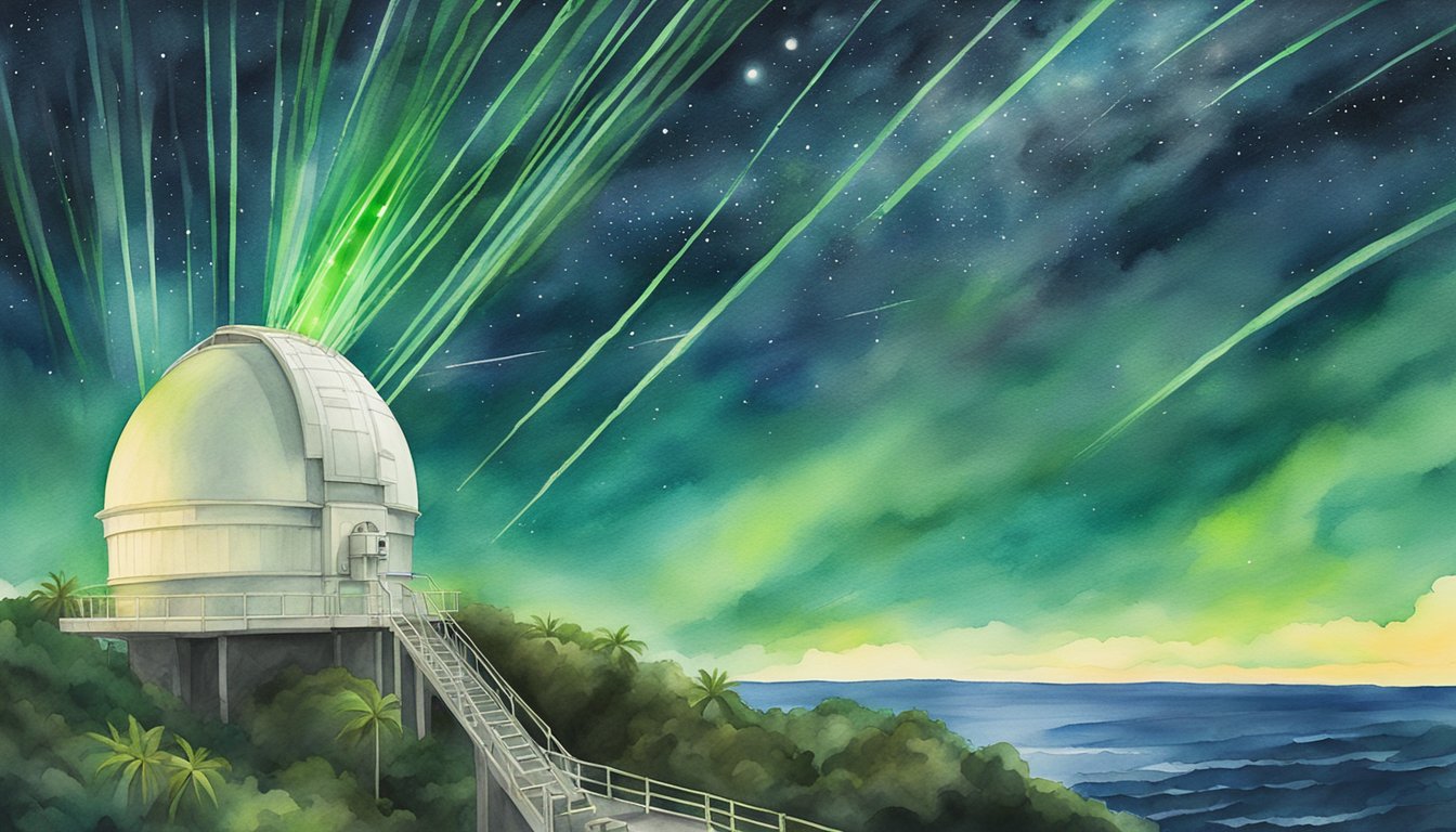 Green laser beams illuminate the night sky over a Hawaiian observatory, tracking satellites and conducting astrophysical research