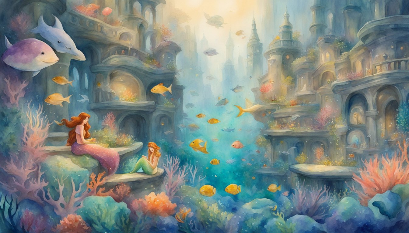 The Little Mermaid's legacy is seen in a bustling underwater city, with colorful coral and sea creatures, as mermaids and mermen gather to celebrate their cultural impact