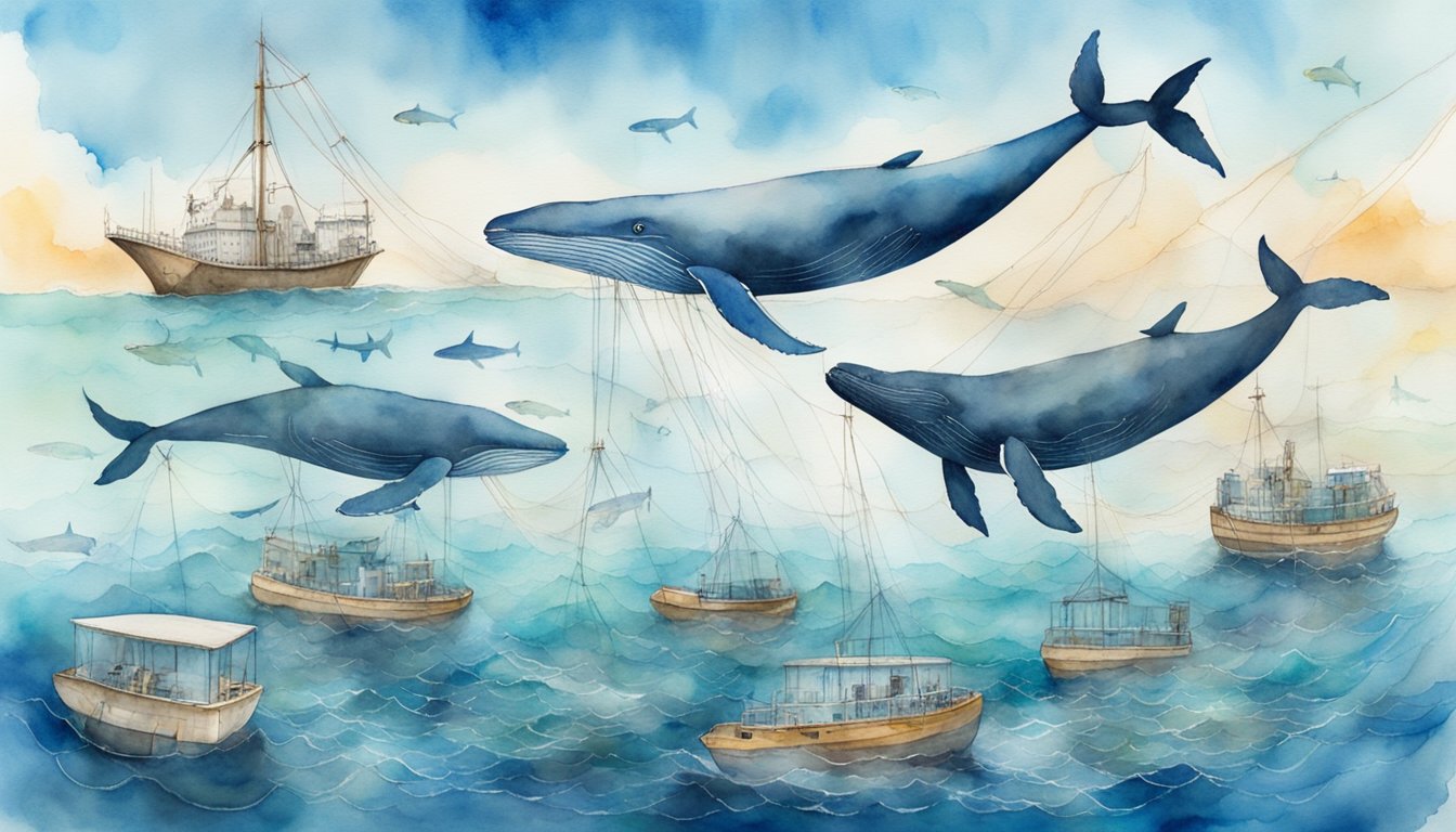 Whales swimming in clear blue ocean, surrounded by fishing nets and pollution.</p><p>Conservation efforts visible in the form of research vessels and activists