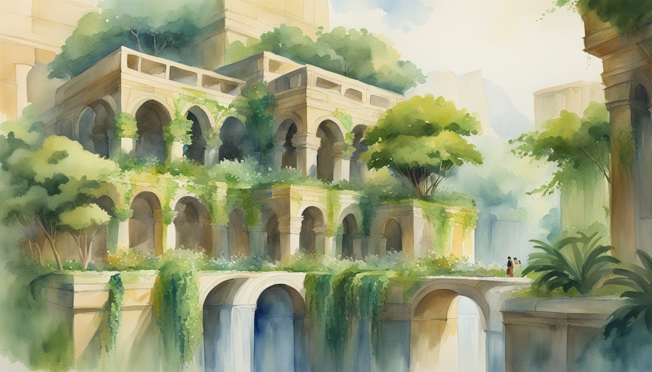 The hanging gardens of Babylon feature lush greenery cascading from terraced structures, with towering columns and arches framing the picturesque landscape