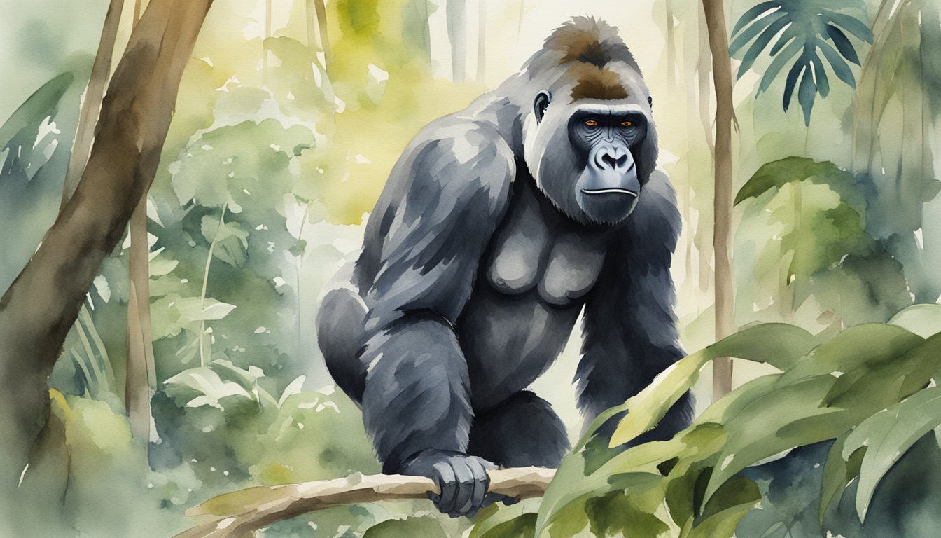 Gorilla in jungle, standing tall, pounding chest rhythmically.</p><p>Scientists observing behavior from a distance, taking notes and photographs