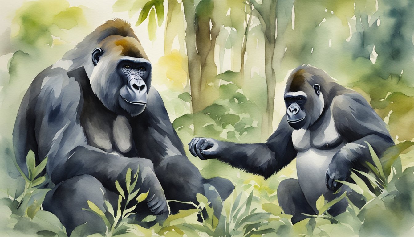 Gorillas interact, one beats chest.</p><p>Dominance display.</p><p>Others observe.</p><p>Jungle setting