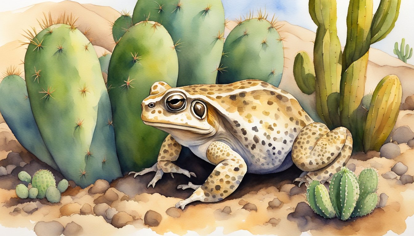 A Sonoran desert toad hops through sandy terrain, surrounded by cacti and dry shrubs.</p><p>It puffs up its body, displaying its vibrant colors as it moves