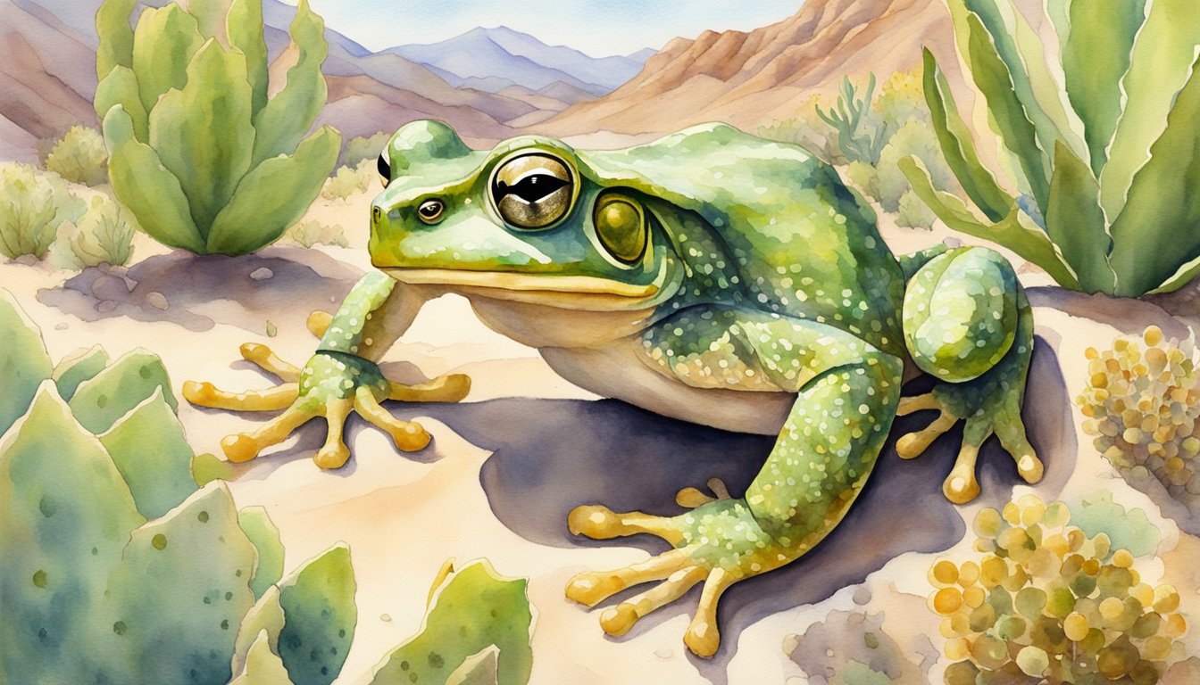 Sonoran desert toad hops among desert plants, its vibrant skin glistening in the sunlight.</p><p>An observer watches as the toad interacts with its environment, blending seamlessly into the arid landscape