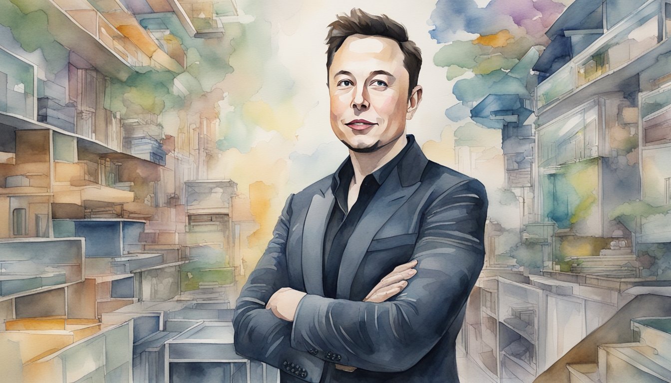 Elon Musk's achievements and struggles with autism depicted through innovative technology and a balance of chaos and order