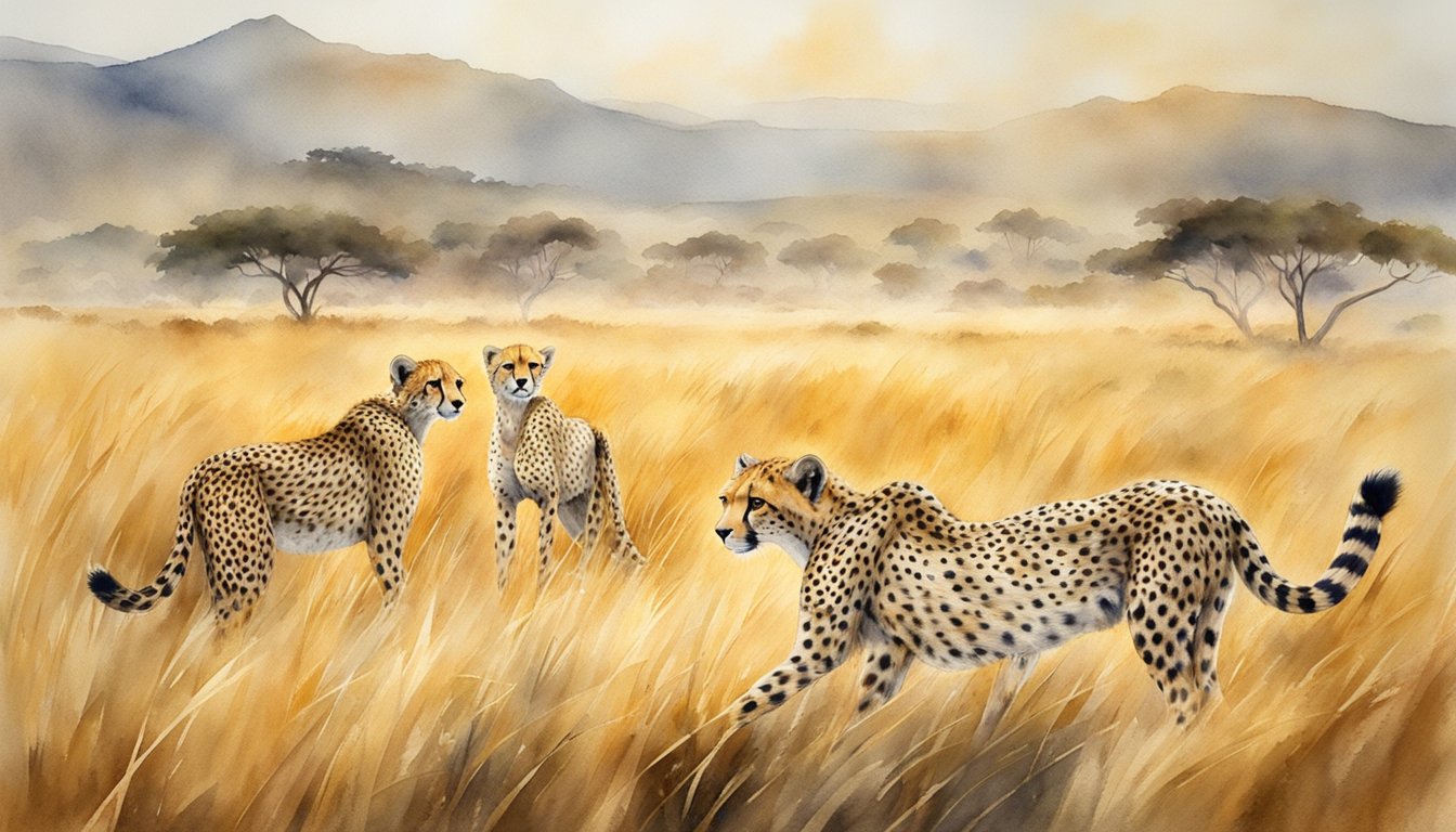 A group of cheetahs roam freely across the vast savannah, their sleek bodies blending seamlessly into the golden grass as they hunt for prey