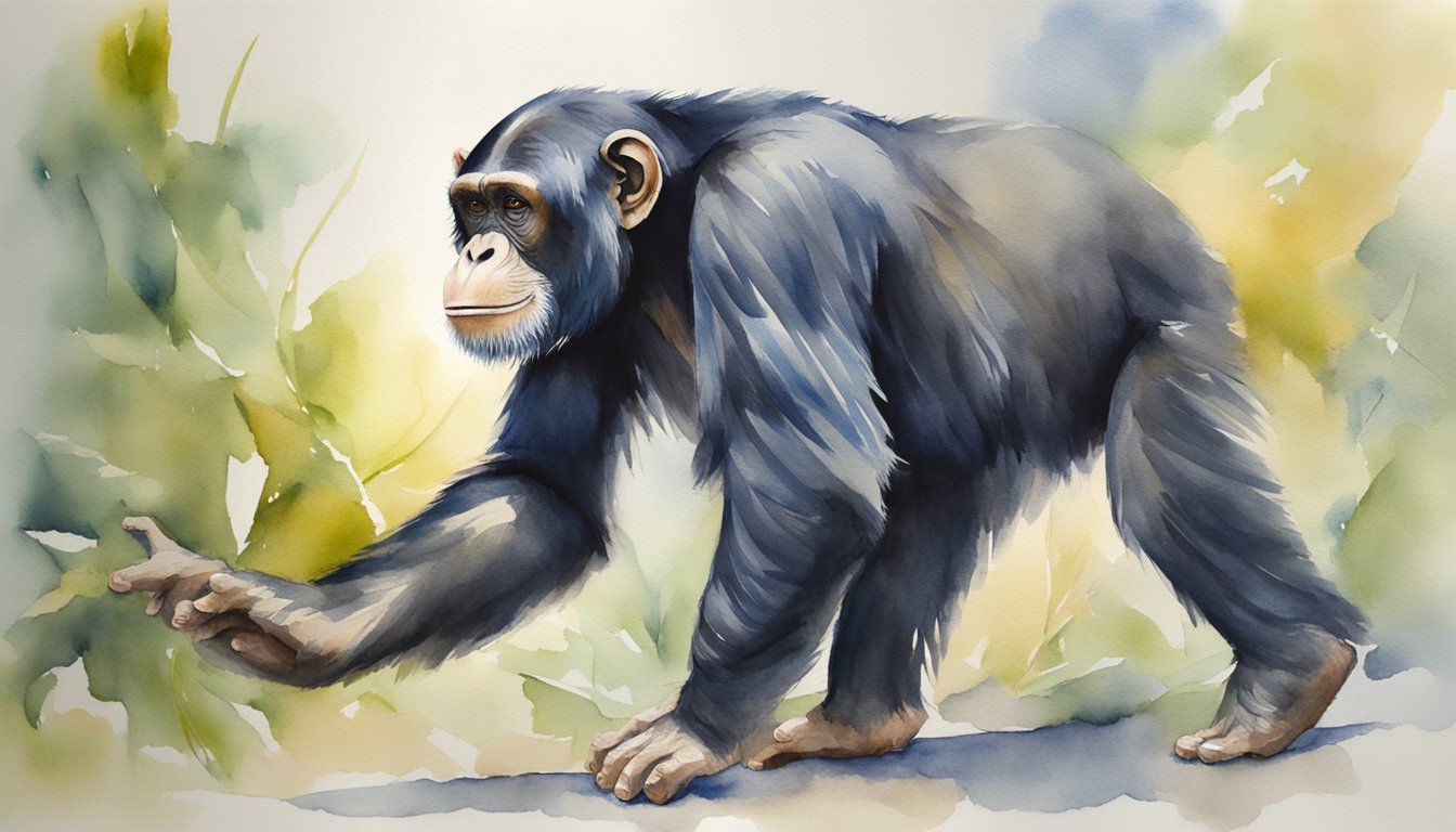 A chimpanzee effortlessly lifts a heavy object, showcasing its immense strength
