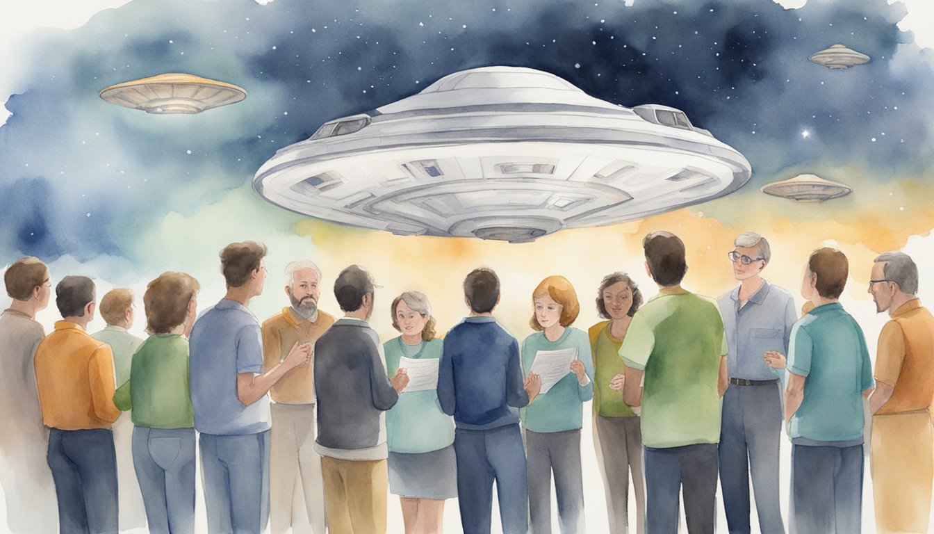 A crowd gathers around a NASA report on UFO sightings, with people discussing and pointing at the document.</p><p>The atmosphere is filled with curiosity and excitement