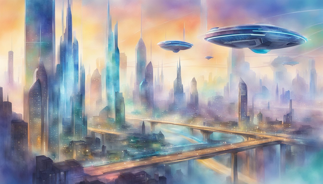 A futuristic city skyline with holographic displays and flying vehicles, showcasing advanced technology and scientific breakthroughs