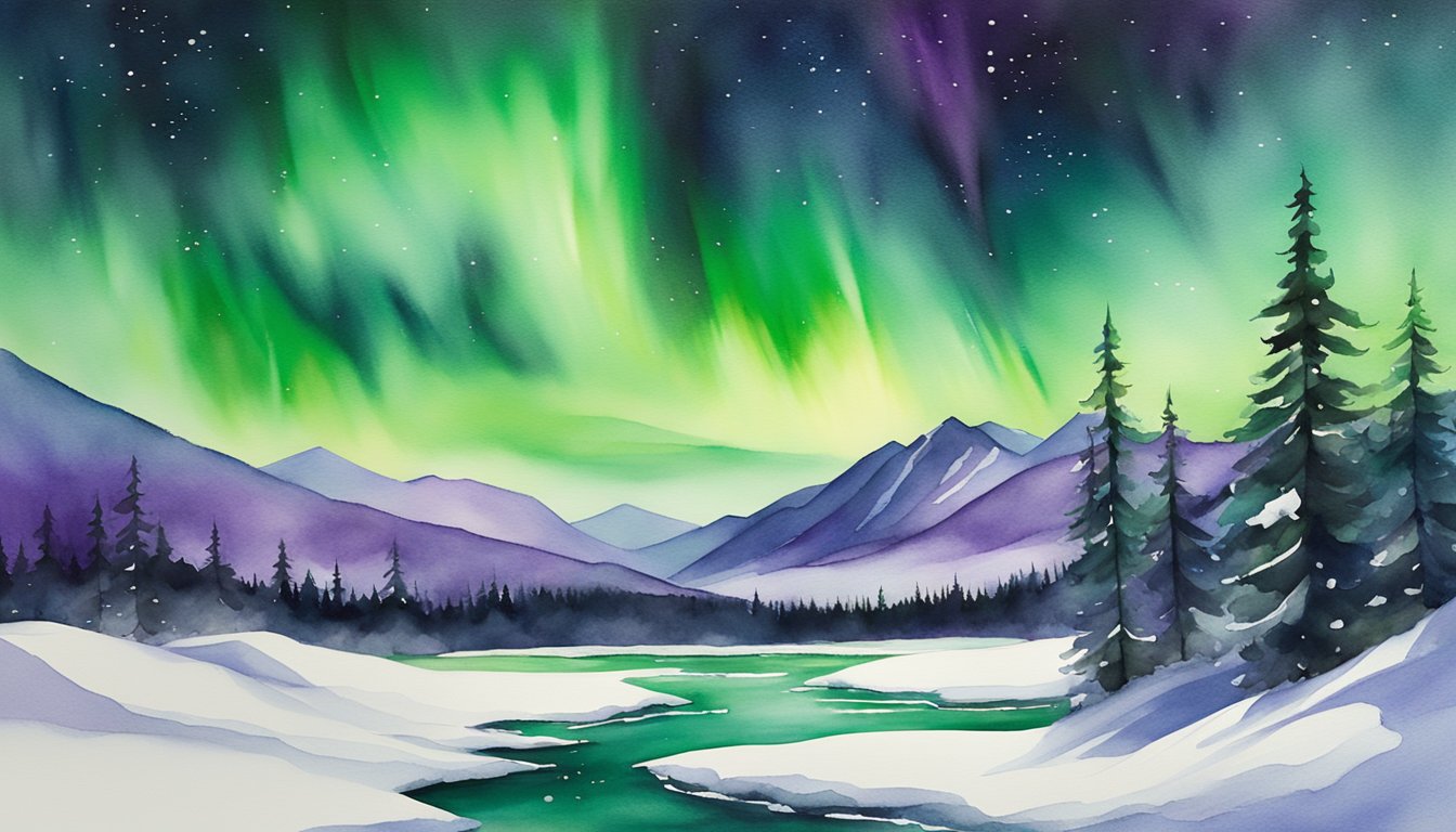 Vibrant green and purple auroras dance across the night sky, casting a mesmerizing glow over the snowy landscape