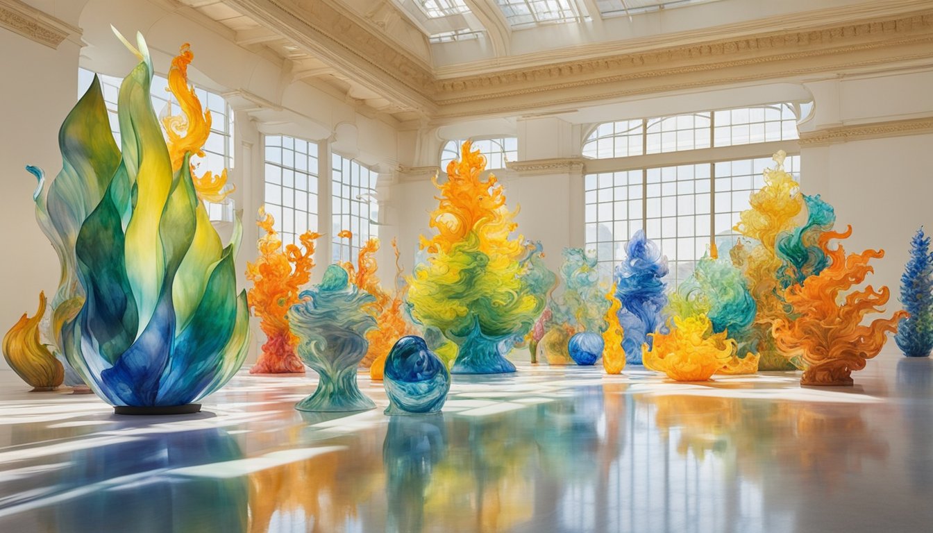 Colorful glass sculptures fill a grand exhibition hall, reflecting light and casting vibrant shadows.</p><p>Visitors stand in awe, surrounded by the legacy and impact of Dale Chihuly's breathtaking art