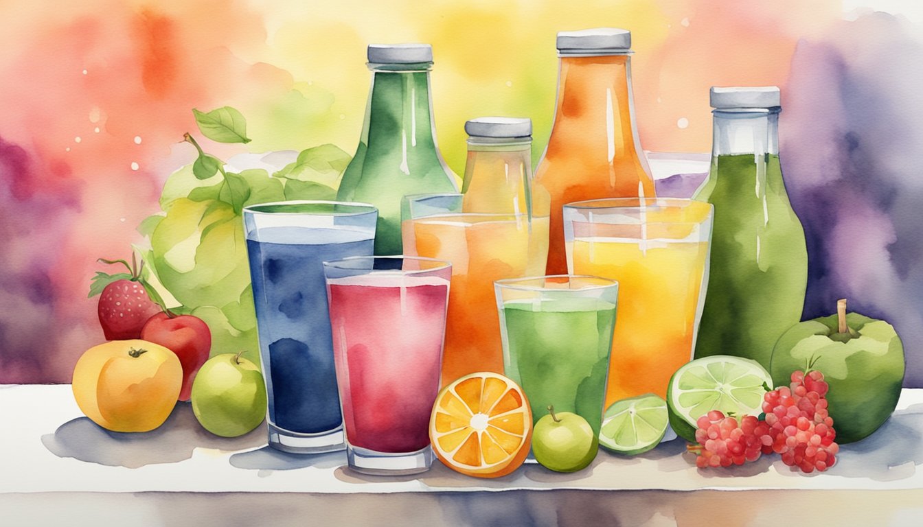 A variety of colorful, nutrient-rich drinks displayed on a table with fruits and vegetables in the background