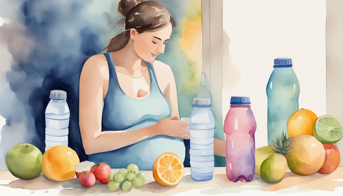 A pregnant woman holding a hydration drink, surrounded by water bottles and fruits, with a glass of water on the table