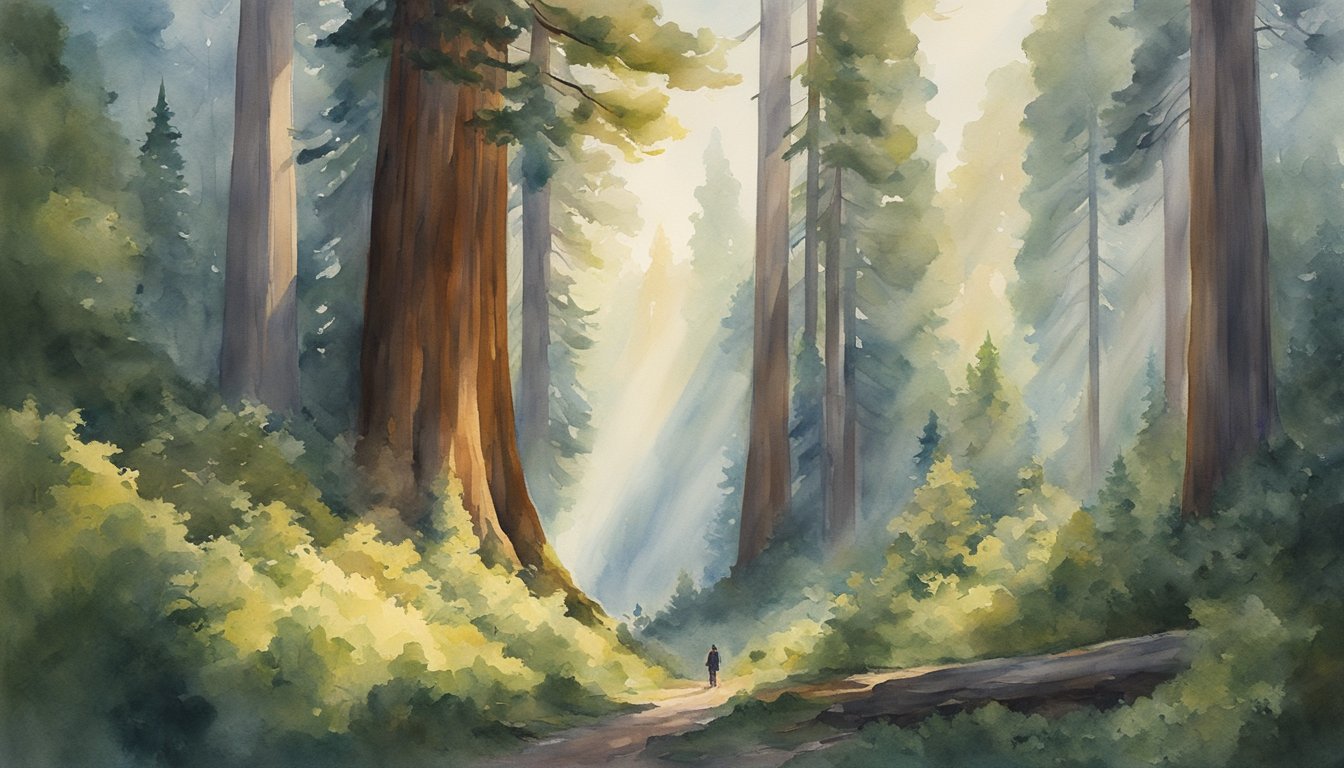 Sunlight filters through the dense forest canopy, illuminating the towering redwood tree.</p><p>A team of conservationists work diligently to protect the ancient giant from environmental threats
