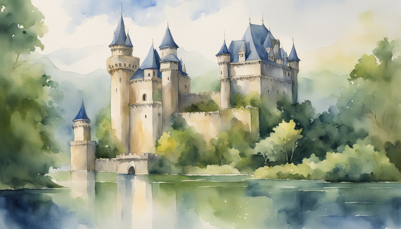 The ancient Castle's Legacy stands tall, surrounded by lush greenery and overlooking a serene lake, with turrets reaching towards the sky