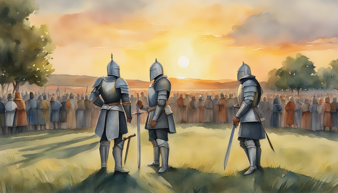 Two armored knights face each other on a grassy field, surrounded by a crowd of onlookers.</p><p>The sun sets in the distance, casting a warm glow over the scene