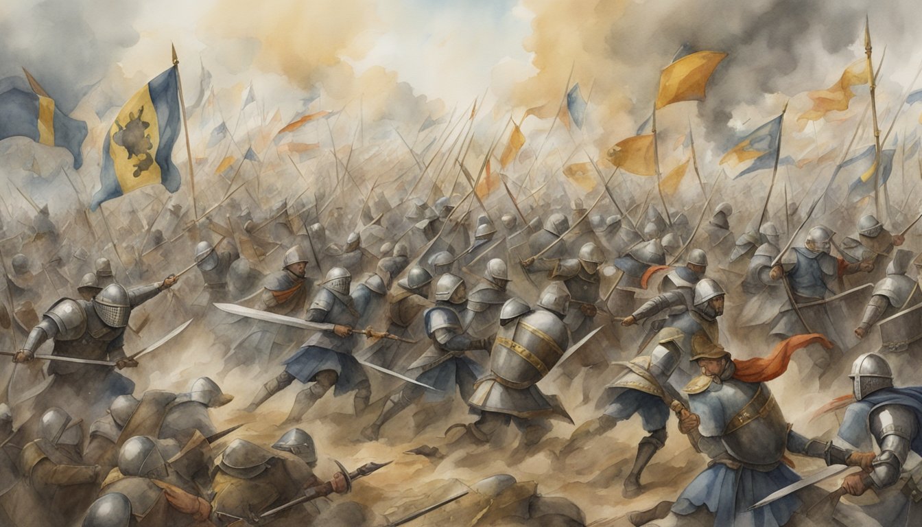 A medieval battlefield with two opposing armies clashing, banners flying, swords raised, and chaos reigning