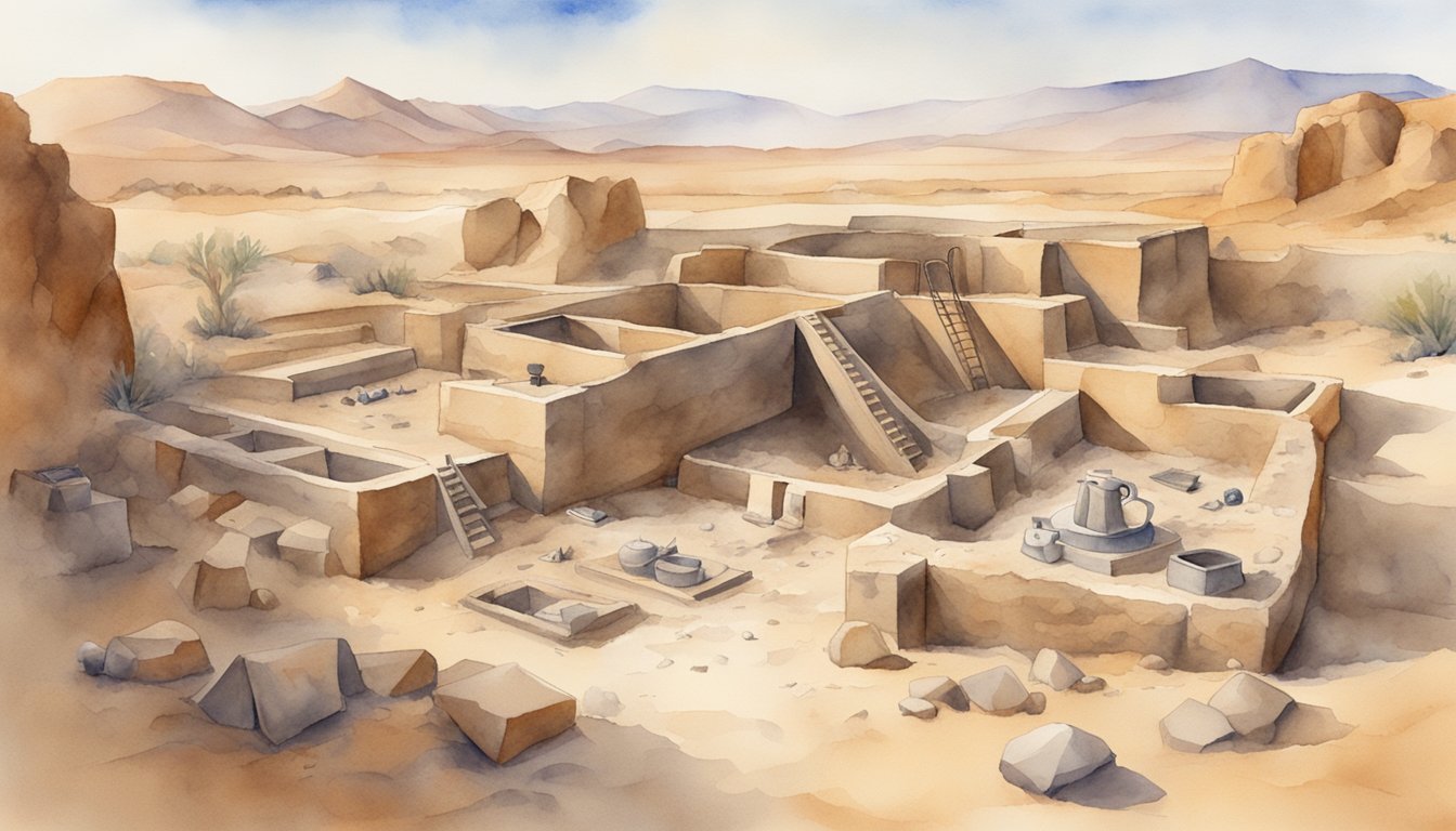 An excavation site with ancient artifacts, tools, and structures, surrounded by a desert landscape