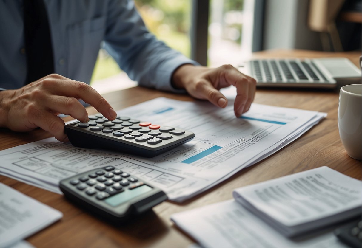 A person reviewing a window replacement estimate with a calculator and paperwork on a table