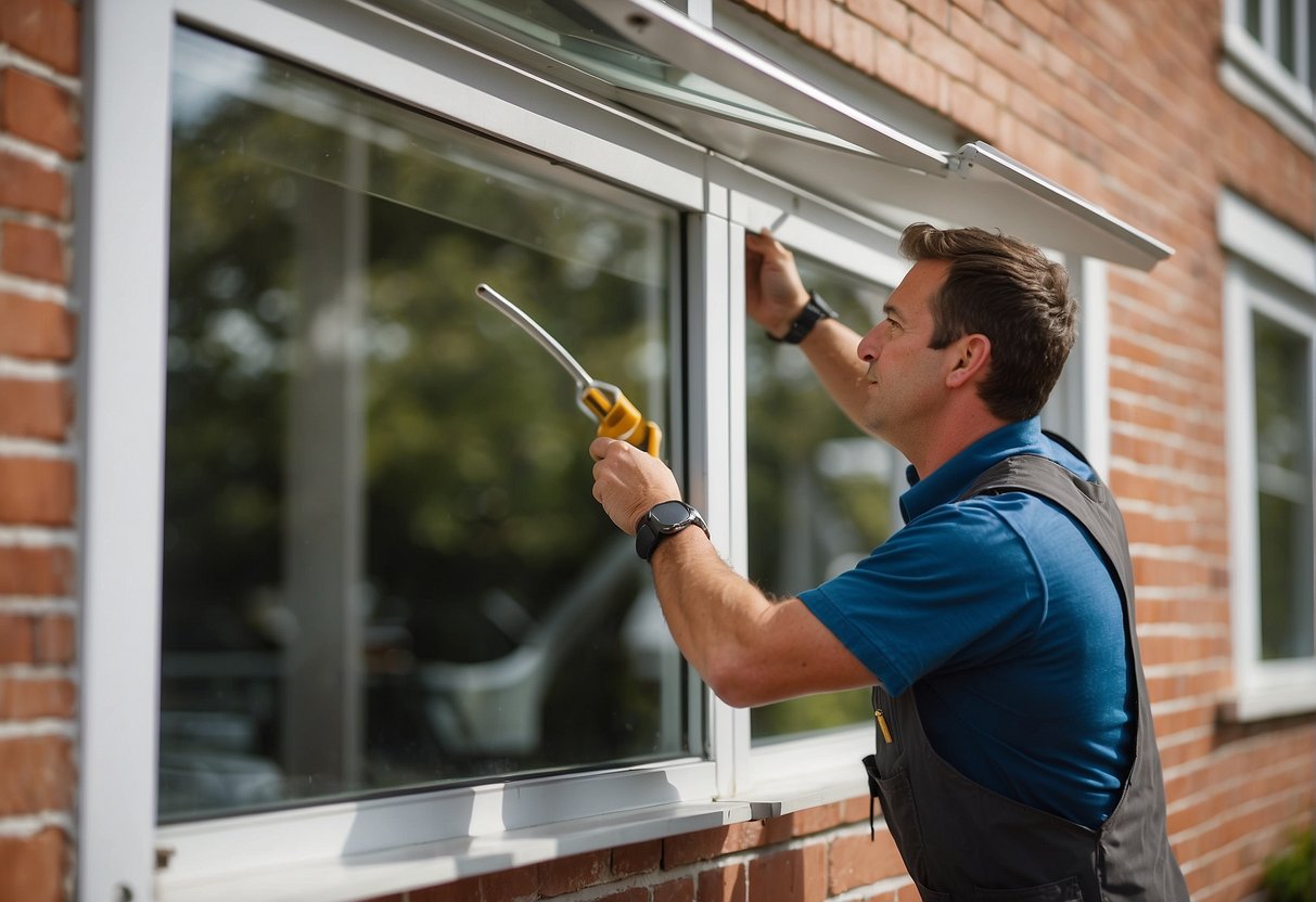 A window replacement company employee provides a free in-house estimate, measuring and inspecting windows for cost factors