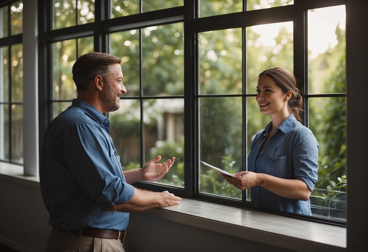 A service representative offers a free in-house estimate for window replacement, discussing options with a homeowner