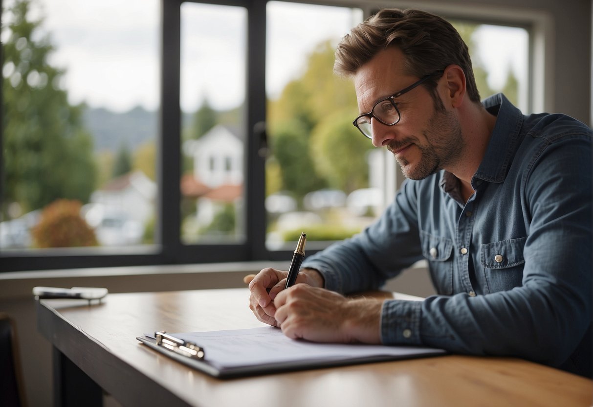 A person sitting at a desk, holding a clipboard and pen, speaking to a homeowner about window replacement. A window with a view of a house in the background