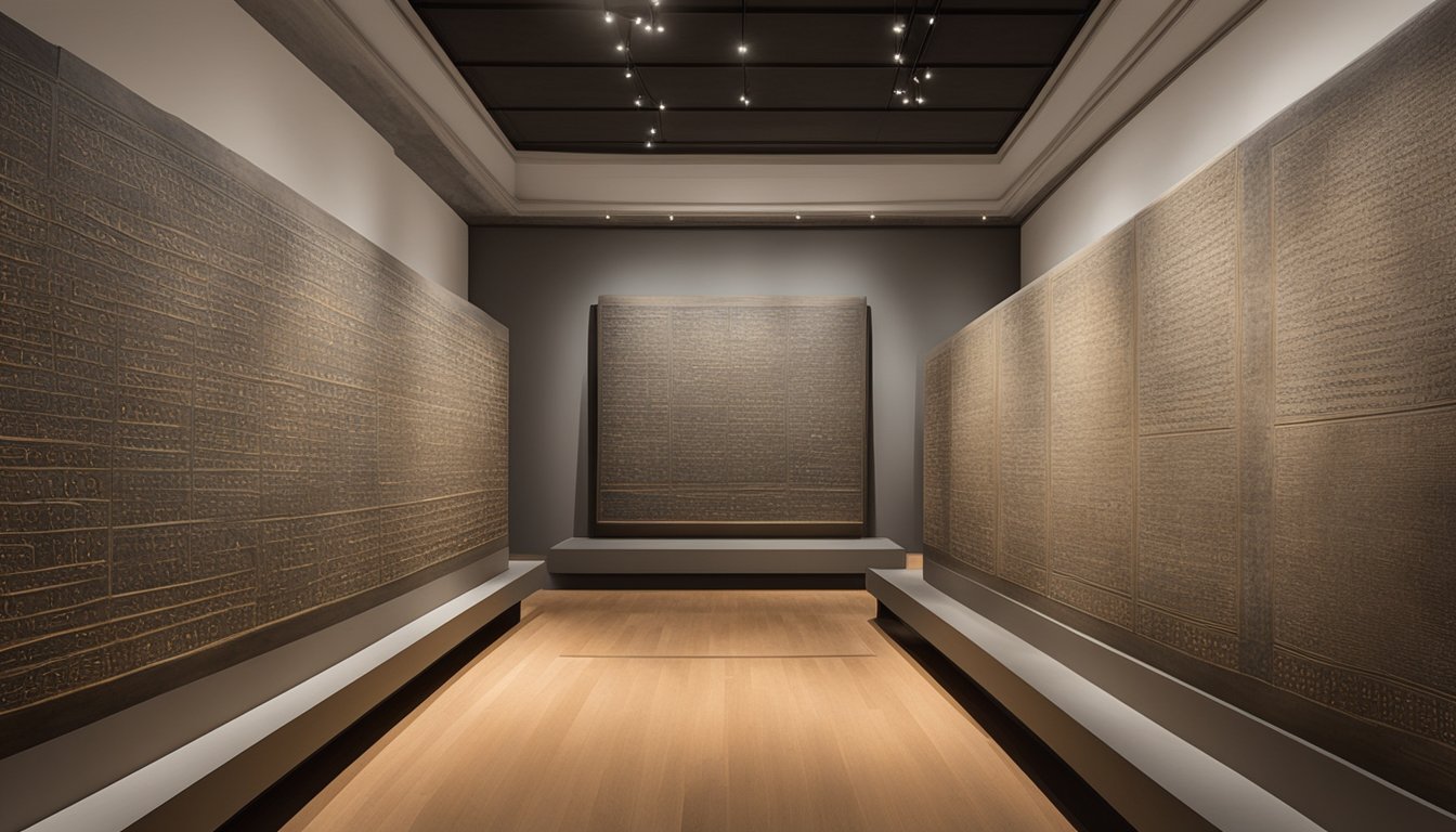 The Rosetta Stone sits in a dimly lit museum, showcasing its weathered inscriptions in three ancient languages.</p><p>Scholars study the stone, captivated by its impact on linguistics and Egyptology