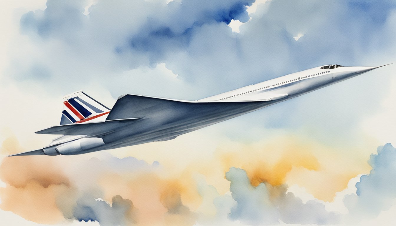 The Concorde flies gracefully across the sky, with its sleek, supersonic design capturing the attention of onlookers below