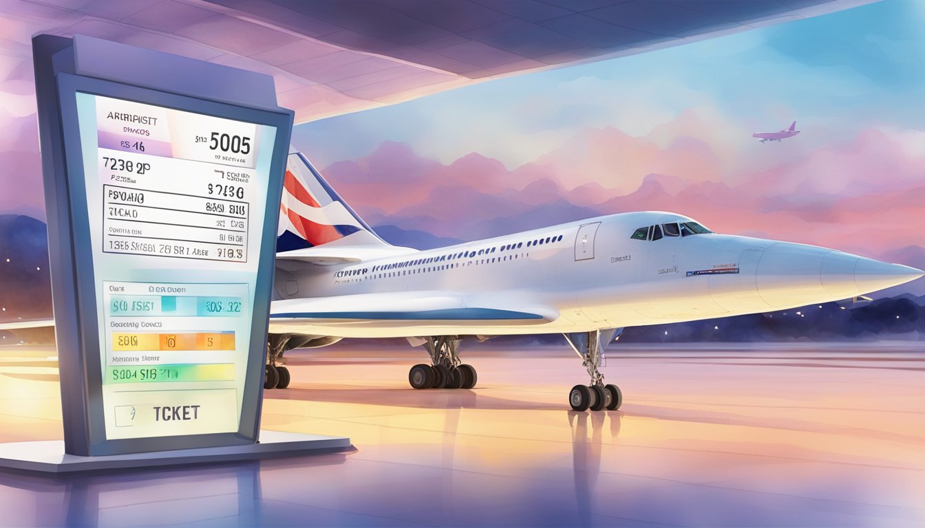 The Concorde ticket price is displayed on a digital screen at the airport, with a sleek and futuristic aircraft in the background