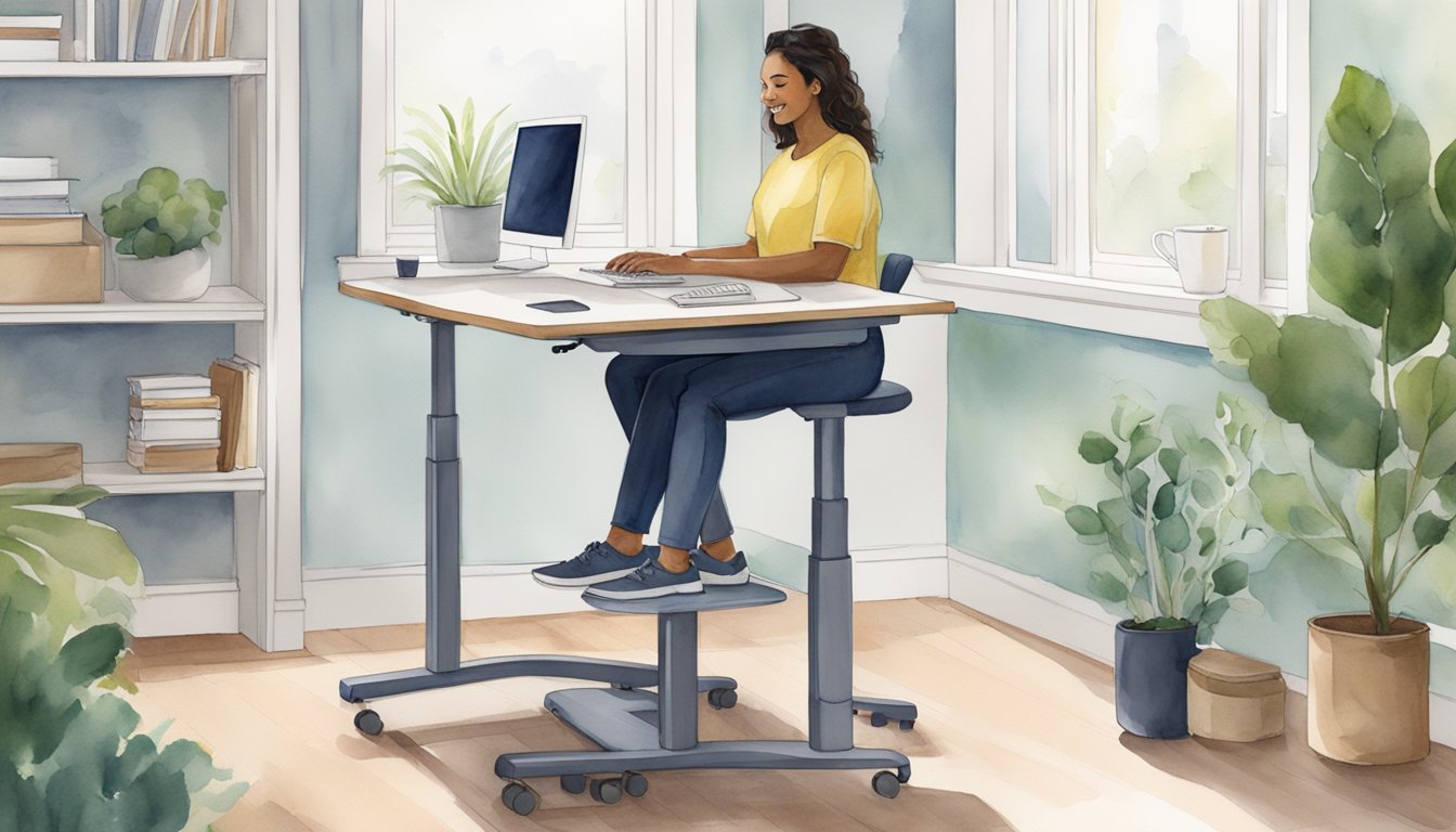 A standing desk with adjustable height, ergonomic design, and user-friendly features.</p><p>Comfortable footrest, spacious work surface, and easy-to-reach controls