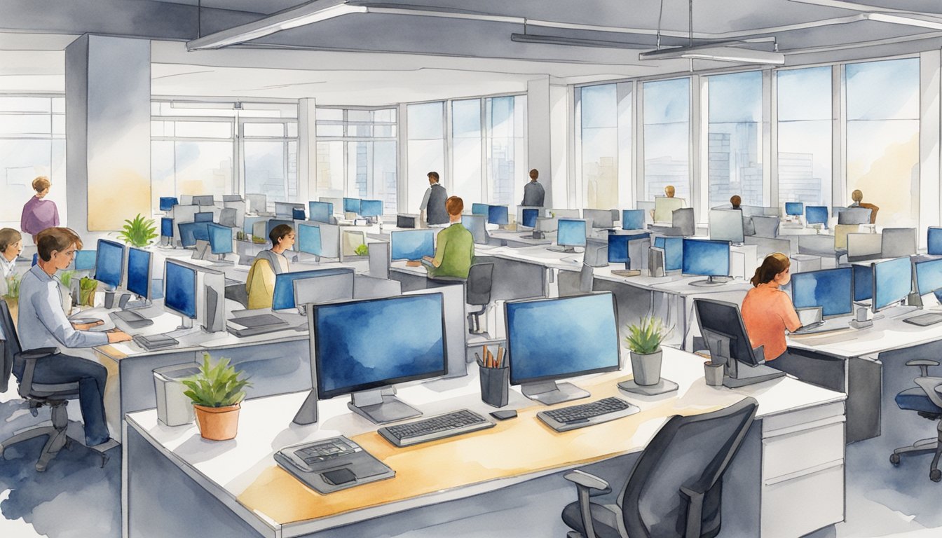 A modern office with rows of standing desks, computer monitors, and ergonomic chairs.</p><p>The employees are focused and productive, working in a bright and spacious environment