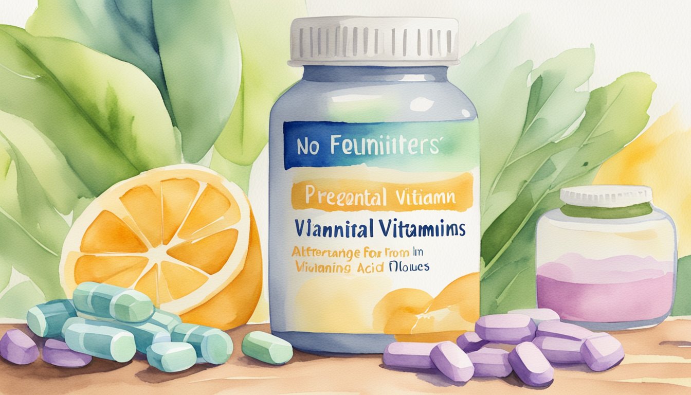 A bottle of prenatal vitamins with a warning label.</p><p>Nearby, alternative supplements like folic acid and iron.</p><p>No pregnant woman in sight