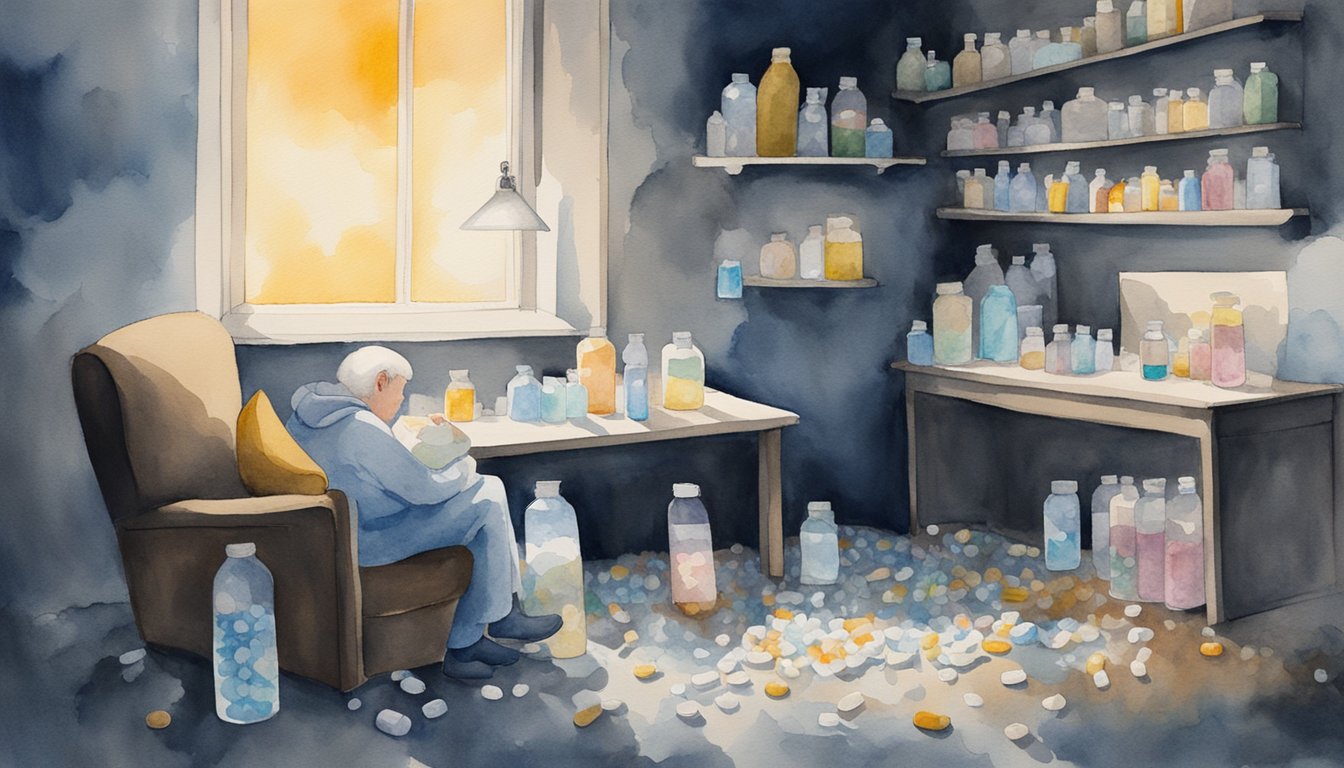 A person sitting in a dark room, surrounded by scattered pills and a bottle of water.</p><p>A cloud of sadness hangs over them, but a faint glimmer of hope shines through
