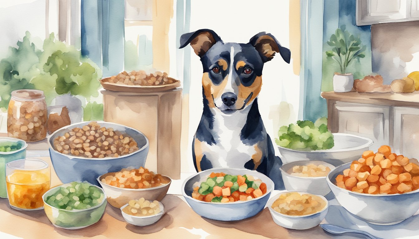 A happy diabetic dog eating from a bowl of top diet choices for diabetic dogs.</p><p>A variety of healthy dog food options displayed in the background