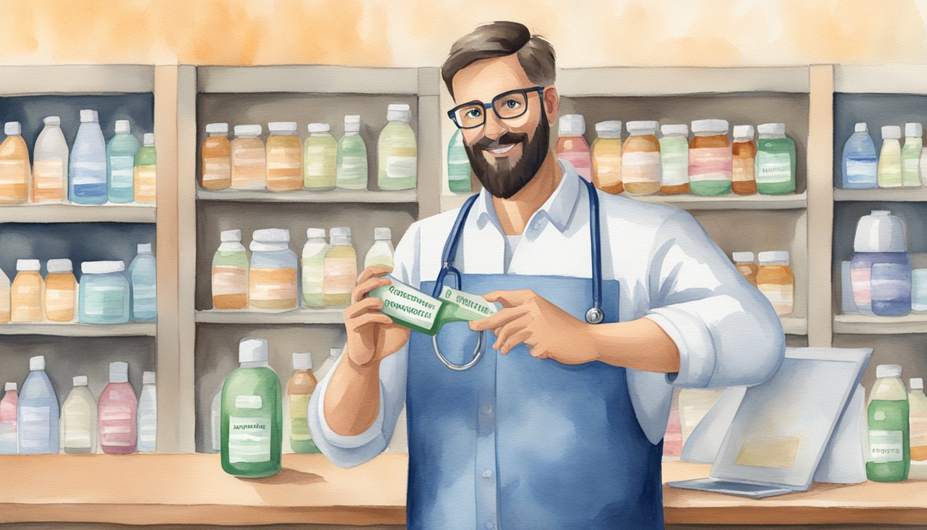 A veterinarian holding a bottle of probiotics, pointing to a label with the words "vet recommended probiotics for dogs"