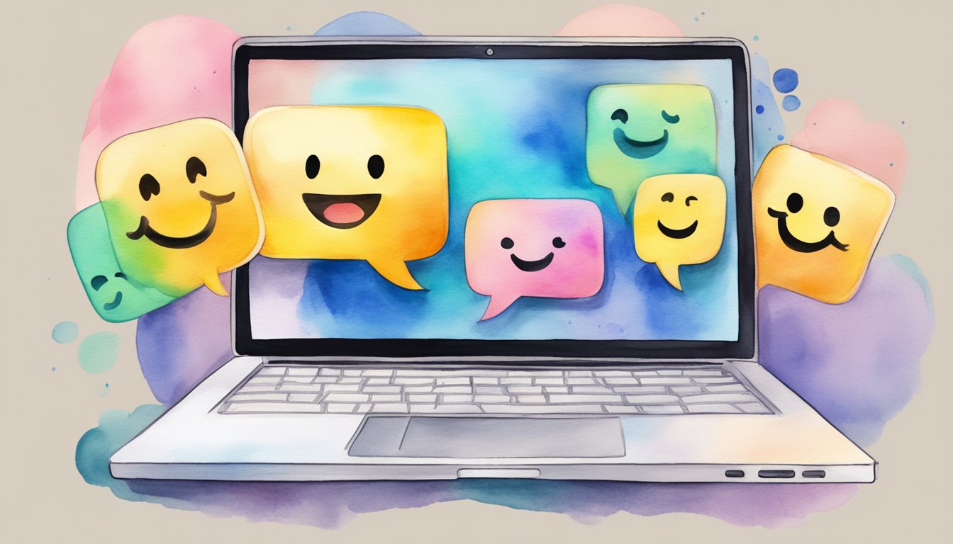 A laptop displaying a meme with a speech bubble, surrounded by laughing emojis and a share button