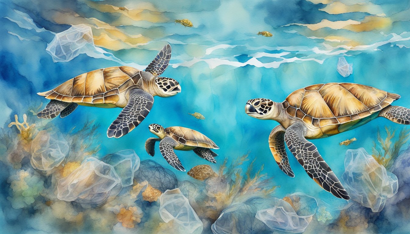 Sea turtles swimming in clear blue ocean, surrounded by plastic waste and fishing nets, highlighting the threats to their survival