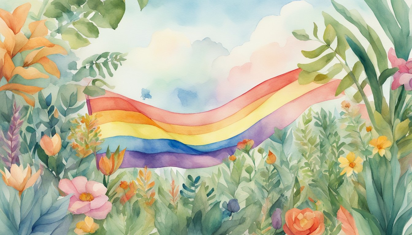 A rainbow flag waving in the wind, surrounded by diverse plants and animals, symbolizing the natural and societal influences on LGBTQ+ identity