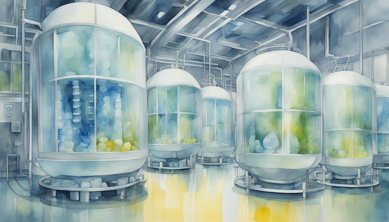 A group of cryogenically frozen capsules arranged in a sterile, futuristic facility, with monitoring equipment and a sense of uncertainty and ethical debate