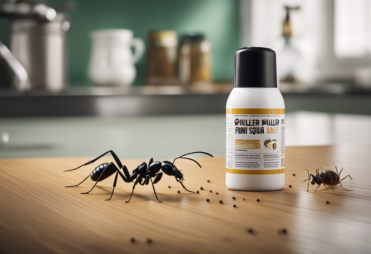 A kitchen counter with sugar ants crawling around a spilled sugar jar. A bottle of ant killer spray sits nearby