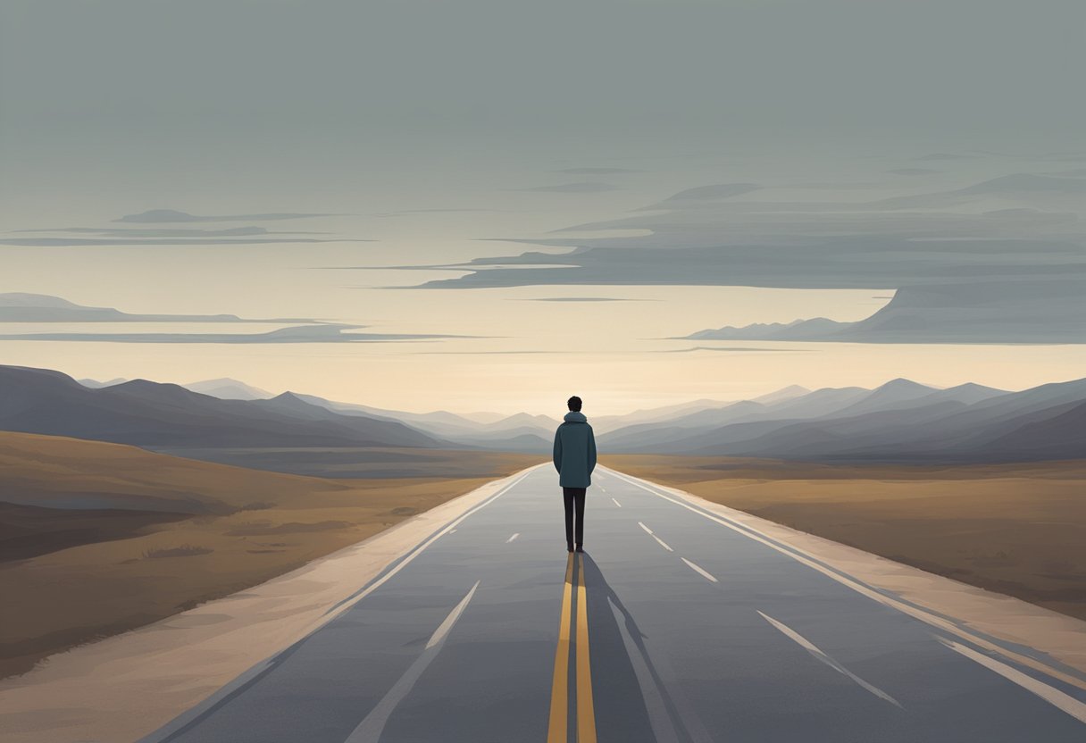 A lone figure stands on a deserted road, gazing into the distance with a sense of longing and uncertainty. The sky is overcast, adding to the atmosphere of contemplation and introspection